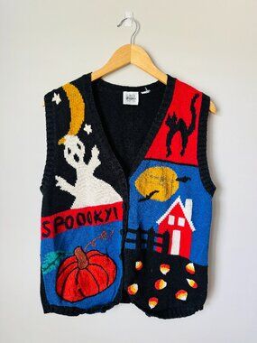Jason Maxwell Vintage Halloween Sweater Vest Womens M Ghost Pumpkin Black Cat Pu